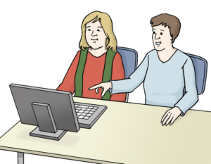 Grafik: Zwei Personen sitzen vor einem Computer, eine der beiden Personen zeigt auf den Bildschirm