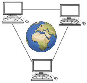 Grafik: In der Mitte des Bilds ist die Erde, darum herum drei Computer, die jeweils durch Linien verbunden sind