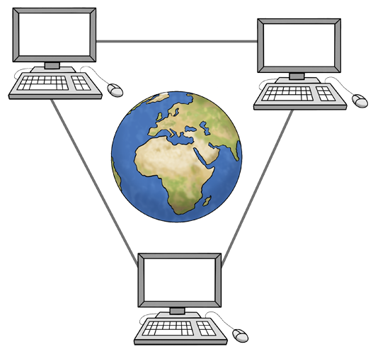 Grafik: In der Mitte des Bilds ist die Erde, darum herum drei Computer, die jeweils durch Linien verbunden sind