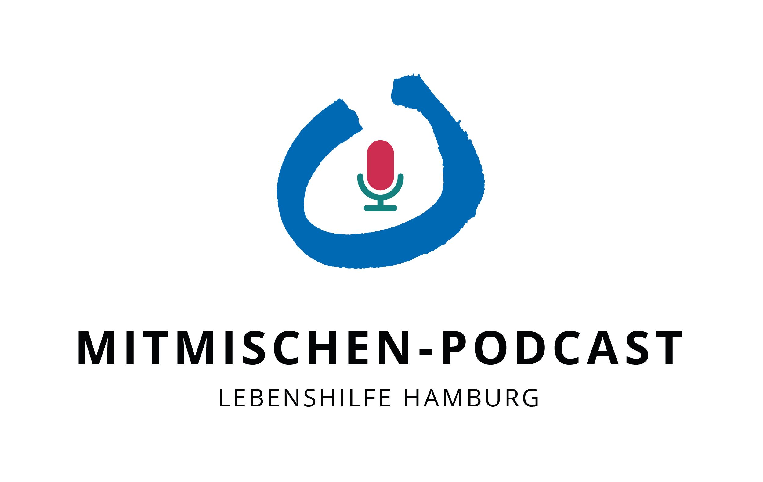 Logo: Icon eines Mikrofons mittig in einem fast geschlossenen blauen Kreis. Schriftzug: Mitmischen-Podcast. Lebenshilfe Hamburg.