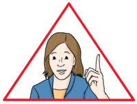 Grafik: rot umrandetes Dreieck. Darin eine Frau mit hoch gestrecktem Zeigefinger