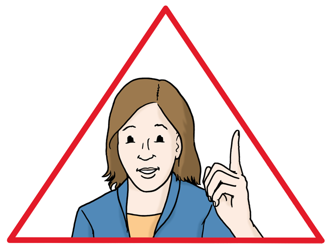 Grafik: rot umrandetes Dreieck. Darin eine Frau mit hoch gestrecktem Zeigefinger