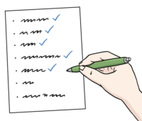 Grafik: Zettel, auf dem mehrere Zeilen stehen, eine Hand mit Stift setzt Haken neben die Zeilen