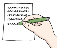 Grafik: Hand mit Stift schreibt auf ein Stück Papier