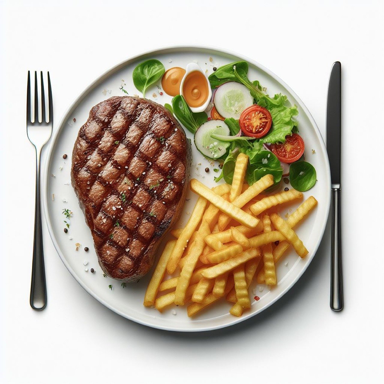 Steak-Teller mit Salat und Pommes Frittes
