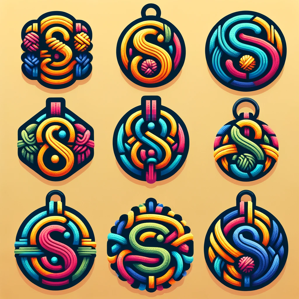 Logos von ChatGPT: 9 bunte Logos im Makrame-Stil, die ein S zeigen.