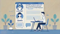 KI-generierte Grafik: eine Person arbeitet an Schreibtisch. An der Wand ist ein großes Chatfendter mit dem AI-Act, ChatGPT und Gemini
