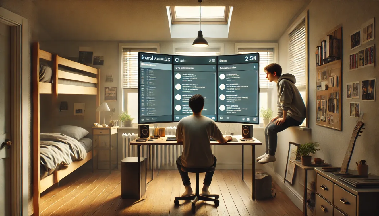 KI-Grafik: 2 Personen sind am Schreibtisch und schauen gemeinsam auf einen großen Bildschirm mit 3 Chats