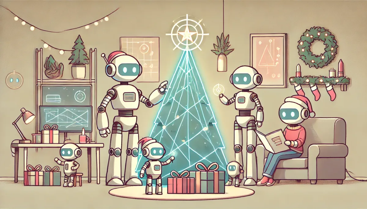 KI-Grafik: Eine Roboterfamilie sitzt zusammen am digitalen Weihnachtsbaum