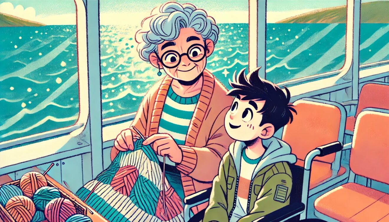 KI-Bild: Eine ältere Frau und ein Junge sitzen zusammen auf einer Fähre und lächeln sich an. Die Frau sctrickt eine Decke. Der Junge hat einen Rollstuhl.