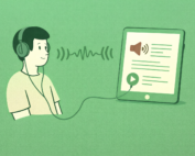 Illustration: Eine Person hat Kopfhörer auf und schaut auf ein Tablet. Das Gerät zeigt Ein Lautsprecher-Icon und ein Play-Icon