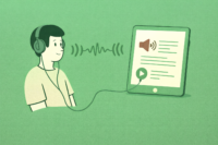 Illustration: Eine Person hat Kopfhörer auf und schaut auf ein Tablet. Das Gerät zeigt Ein Lautsprecher-Icon und ein Play-Icon