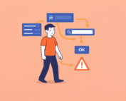 Illustration eines Mannes, der sich durch verschiedene Elemente einer Website bewegt. Um ihn herum sind Menüs, ein Suchfeld, eine Bestätigungsschaltfläche und ein Warnsymbol angeordnet, die mögliche Orientierung und Barrieren im Web darstellen.