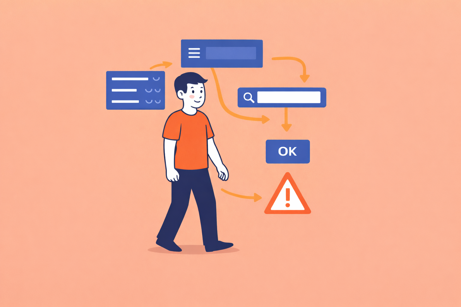 Illustration eines Mannes, der sich durch verschiedene Elemente einer Website bewegt. Um ihn herum sind Menüs, ein Suchfeld, eine Bestätigungsschaltfläche und ein Warnsymbol angeordnet, die mögliche Orientierung und Barrieren im Web darstellen.