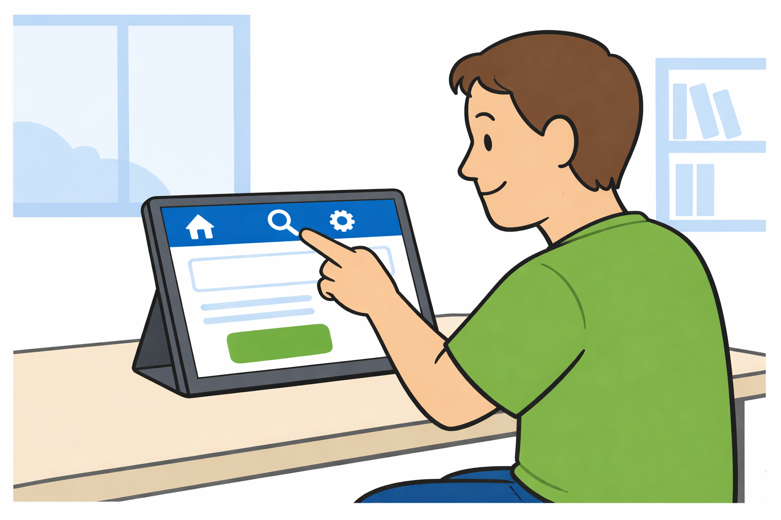 Eine Person sitzt vor einem Tablet. Auf dem Bildschirm ist eine klare Internetseite mit großen Symbolen: Haus, Lupe, Zahnrad