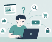 Person am Laptop mit Symbolen für Suche, Medien, Einkauf und Sicherheit im Internet